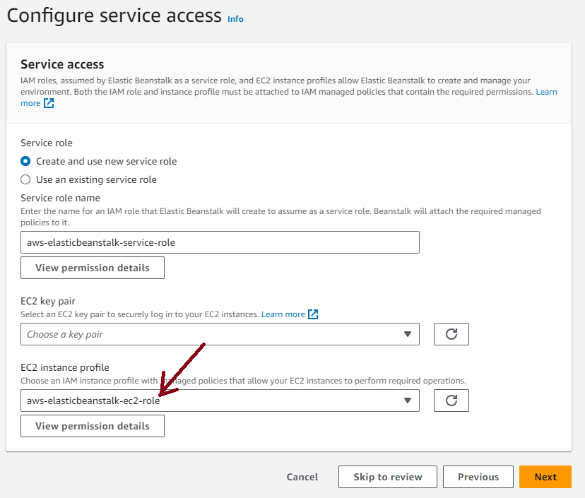 Configure service access page step 2