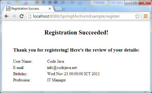 Spring MVC Form Registration Test - Success Page