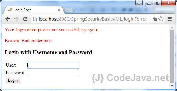 Spring Security Basic XML Demo - Login failed