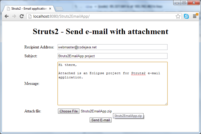 Test send email with struts2