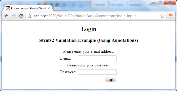 Test Struts2 form validation using annotations - fields empty