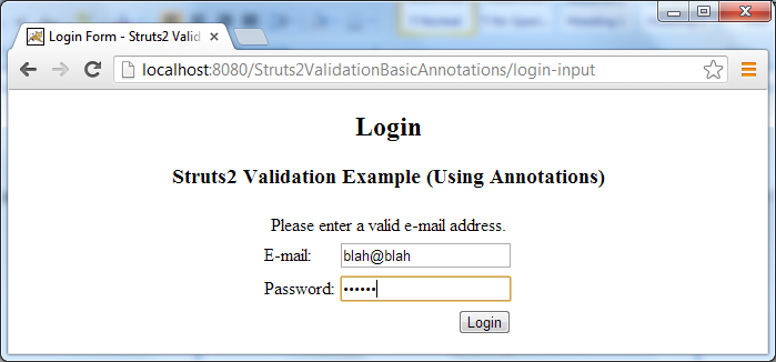 Test Struts2 form validation using annotations - invalid email