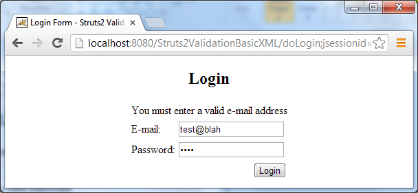 Test struts2 form validation - invalid email address