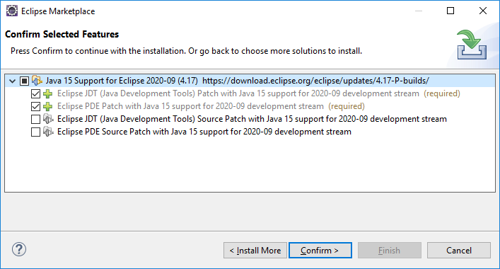 confirm selected features java 15 in eclipse