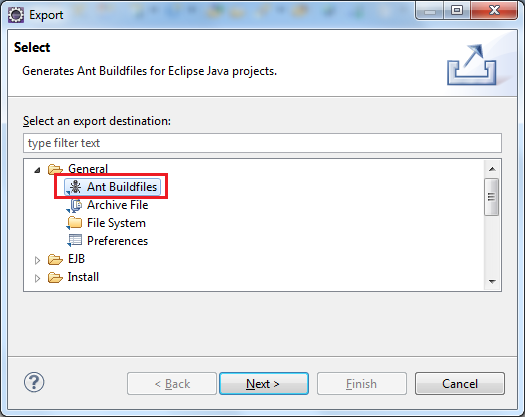 Export dialog Ant Buildfiles
