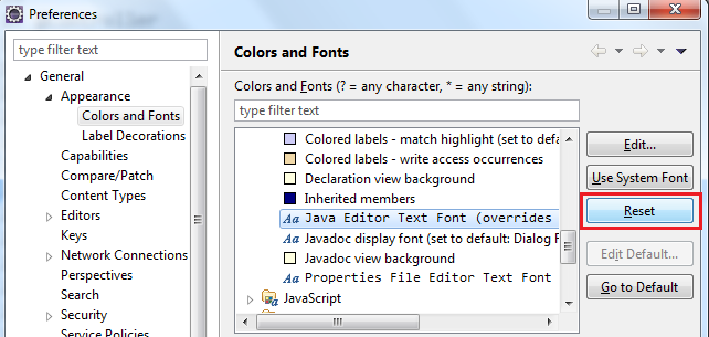Reset java editor text font