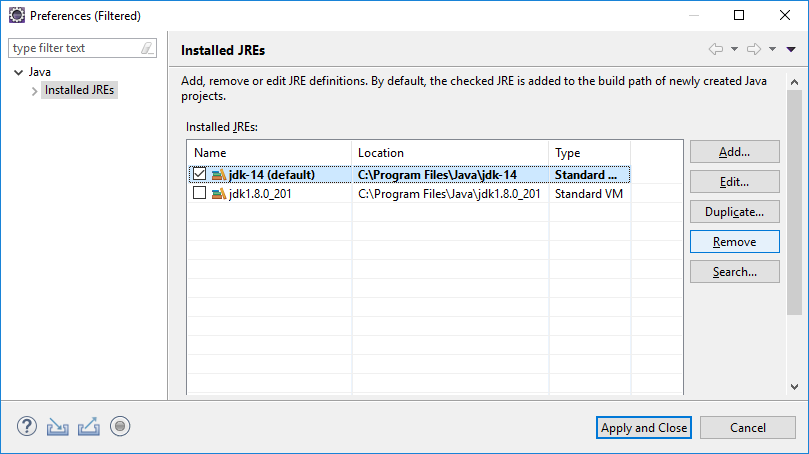 eclipse check new installed JRE