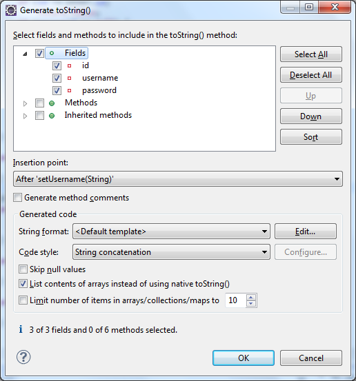 Generate toString method