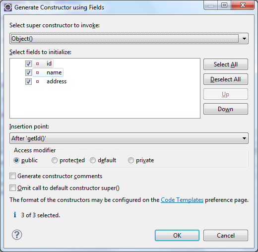 generare constructor using fields