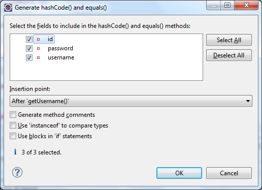 generate hashCode and equals