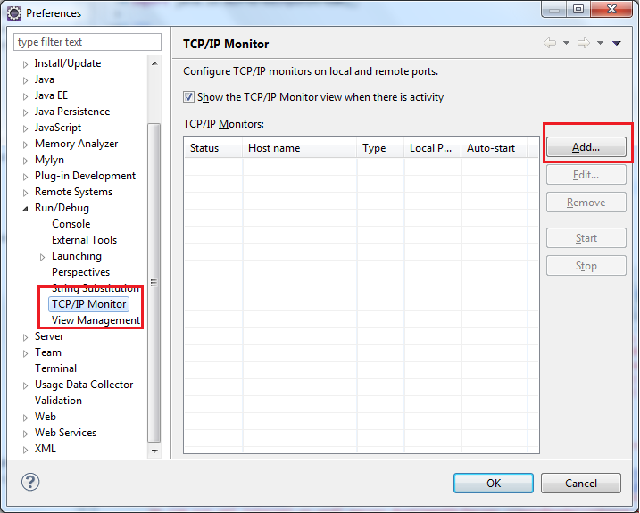 Select TCP IP Monitor in Preferences