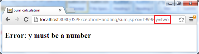 Test catch exception in JSP - error message