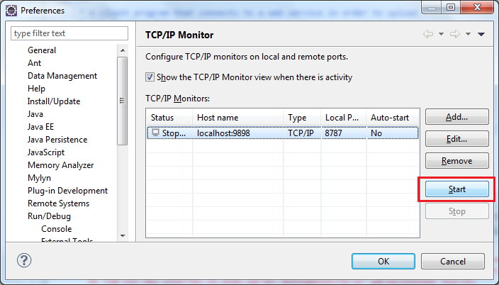 Start TCP IP monitor