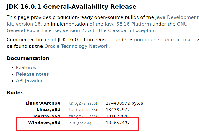 OpenJDK 16 download page