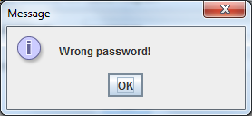 message dialog for wrong password