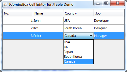 JComboBox Cell Editor JTable Demo
