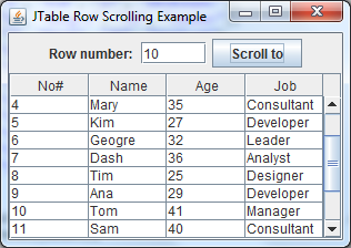 JTable Row Scrolling Example