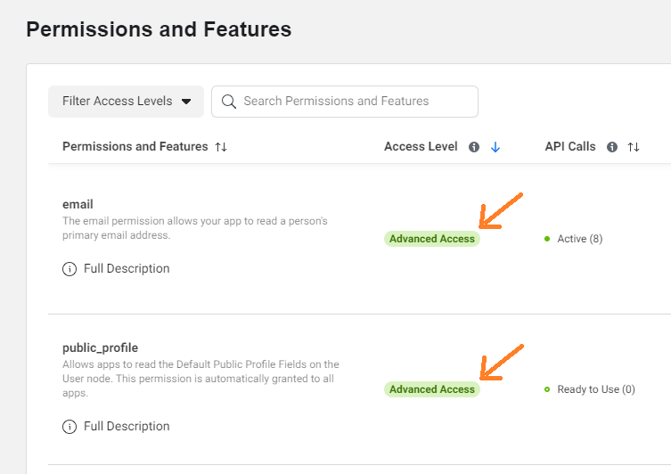 FB App permissions and features