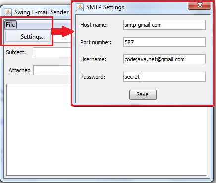 SMTP settings dialog