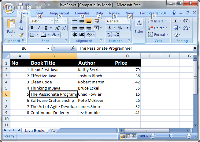 JavaBooks Excel file after update