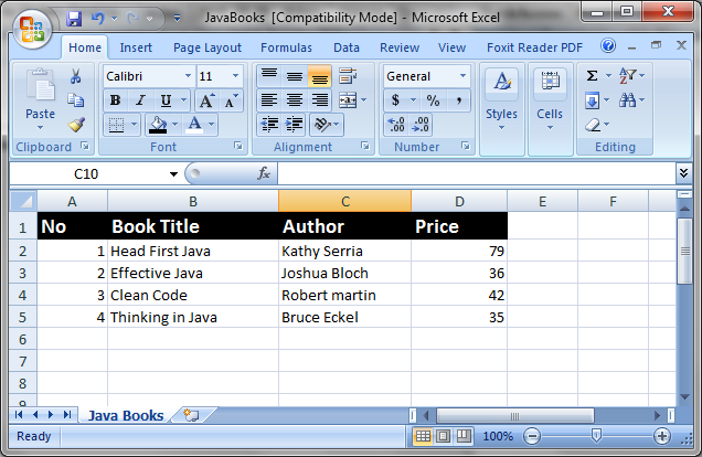 JavaBooks Excel file before update