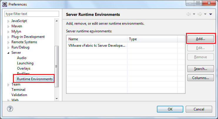 Select Server Runtime Enviroments in Eclipse