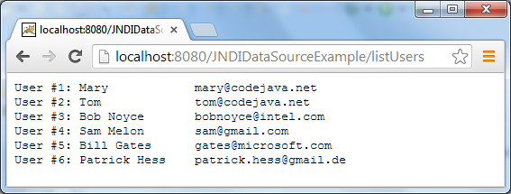 JNDI DataSource Example Output 2