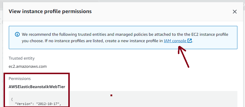 View instance profile permissions