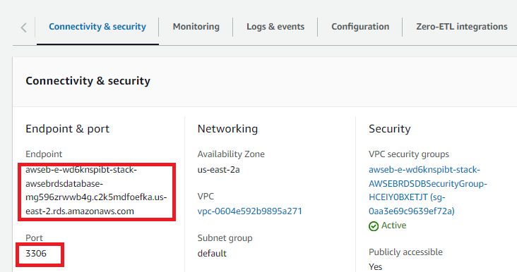 RDS endpoint and port