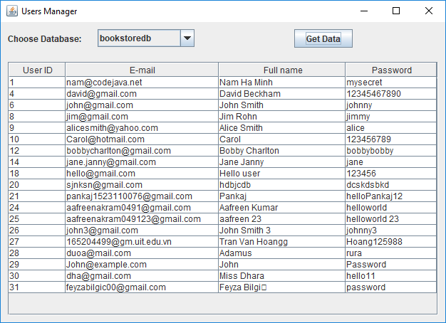 hibernate change database swing example load data