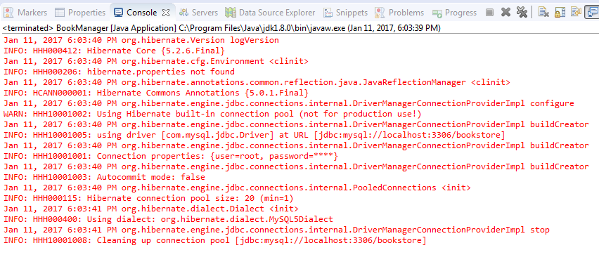 Hibernate log in console