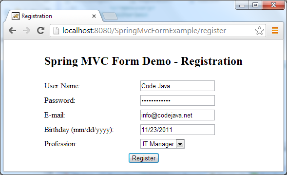 Spring MVC Form Registration Test