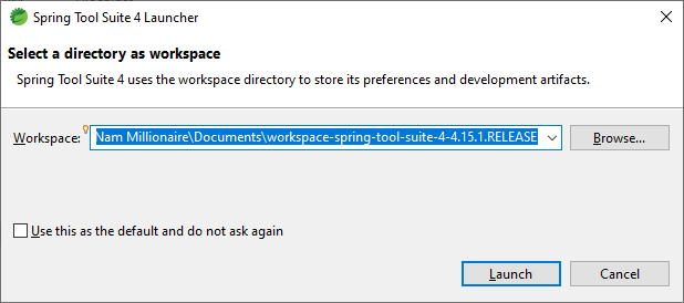 sts launcher choose workspace