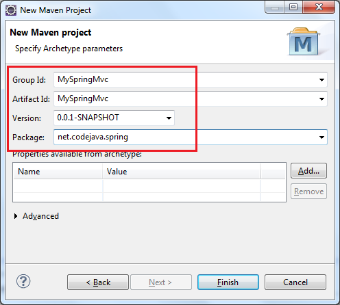 New Maven Project - specify archetype parameters