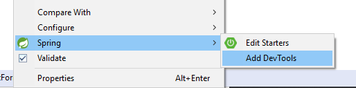 spring boot add devtools menu