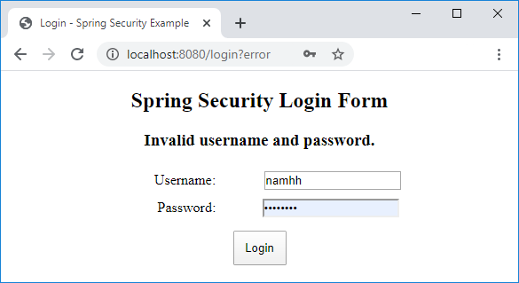 invalid username and password