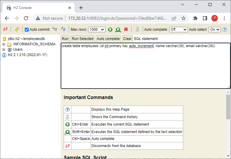 H2 console run sql