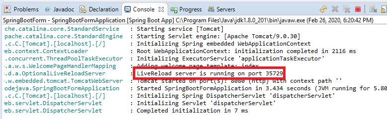 LiveReload server running in console