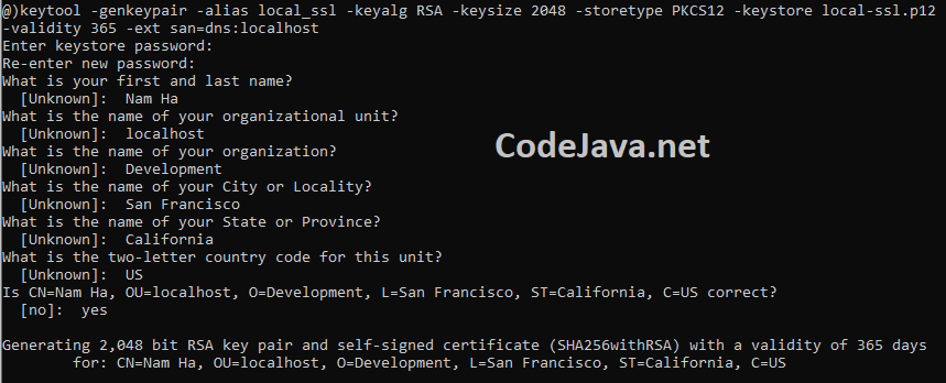 keytool command generate keypair