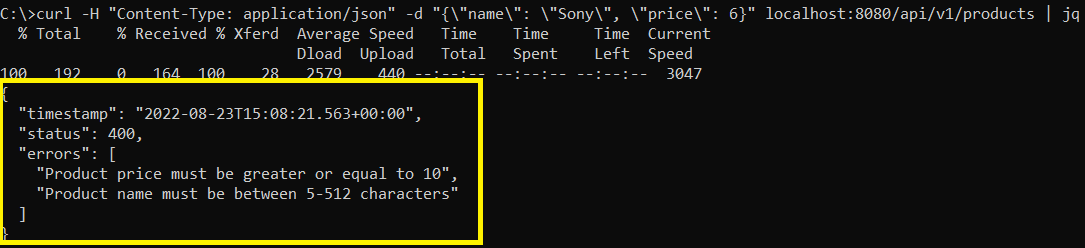 test validation error messages