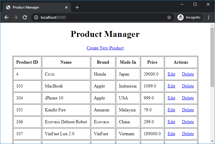 product list