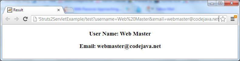 Struts2 servlet request example output