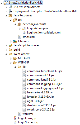 Struts2 Validation Basic XML project structure in Eclipse