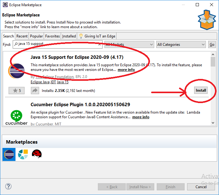 install Java 15 support for Eclipse