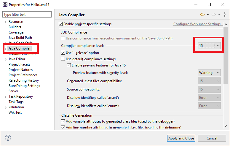 project properties java compiler level 15