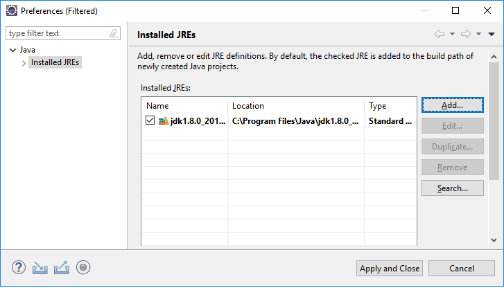 eclipse installed JREs