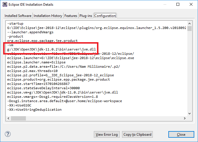 eclipse vm configuration