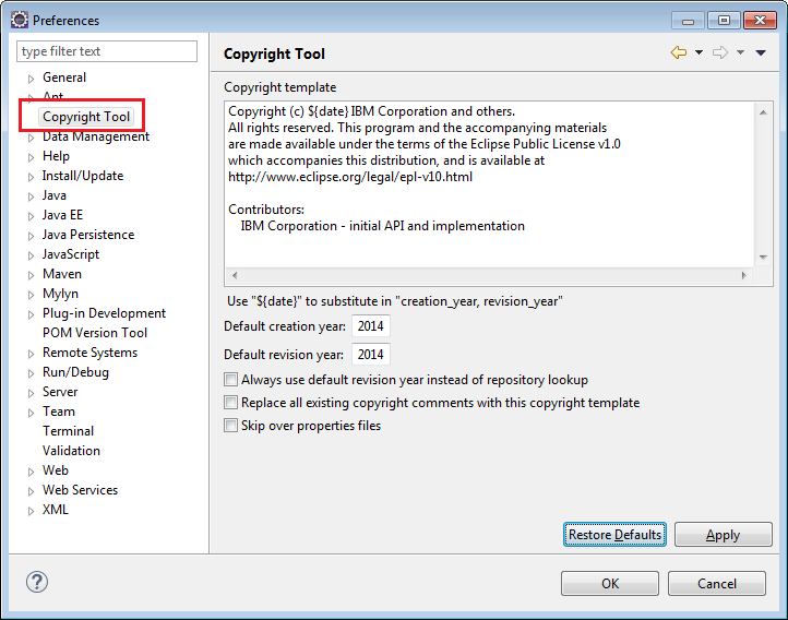 Copyright Tool default setting