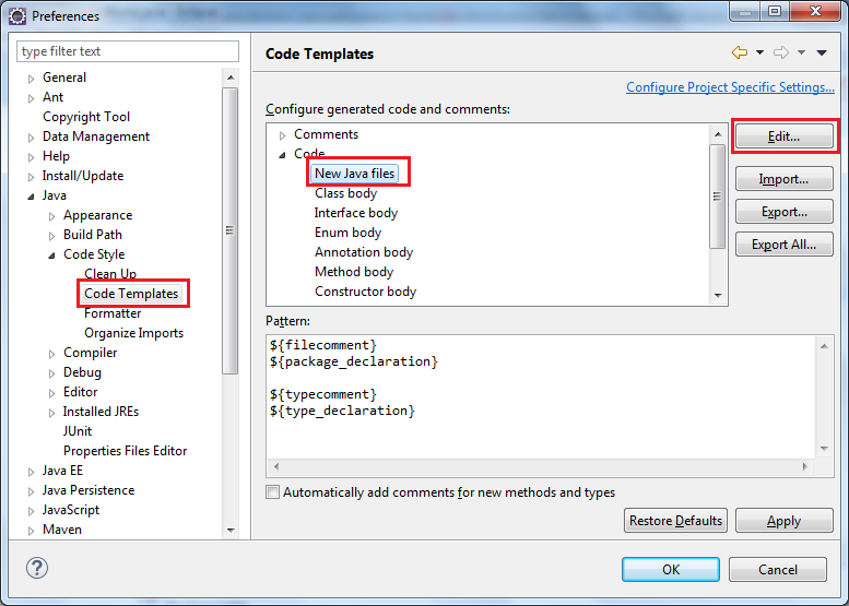 Edit Code Template for New Java File