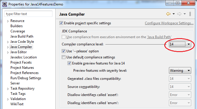 java compiler level 14